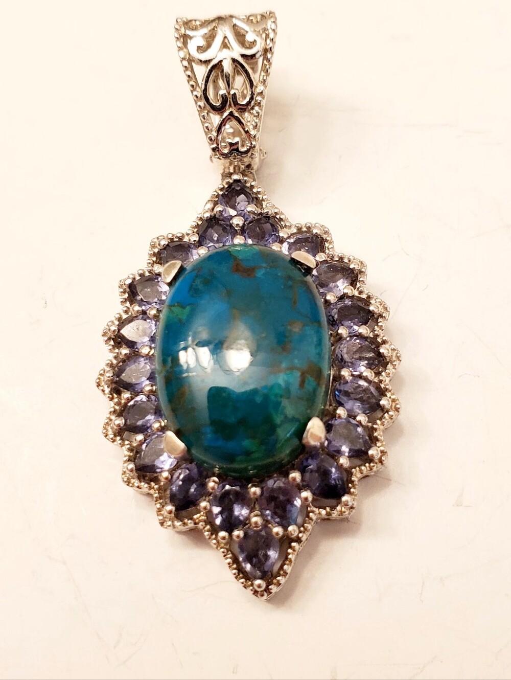 STS Sterling Silver Teal Turquoise Oval Pendant with Amethyst Halo, marked 925